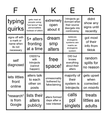DID/OSDD faker bingo Card