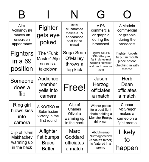 FREESTYLE UFC 280 Bingo Card