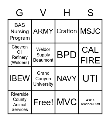 College & Career Fair Bingo Card