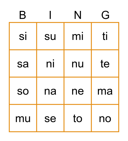 Silabas con M, N, S, T Bingo Card