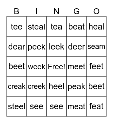 Homophones: EE and EA Words Bingo Card