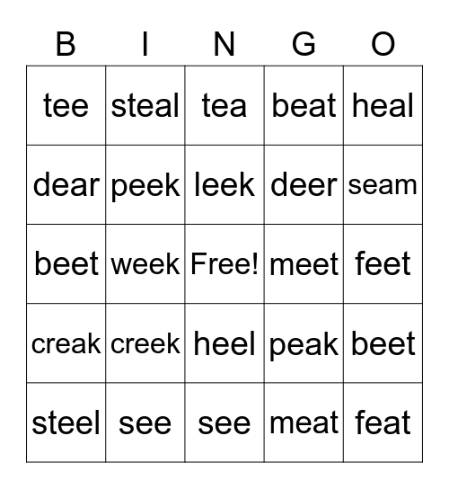 Homophones: EE and EA Words Bingo Card