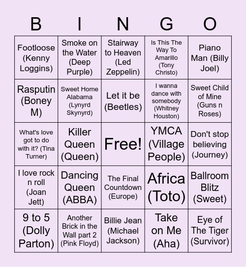 70s & 80s Bingo Card