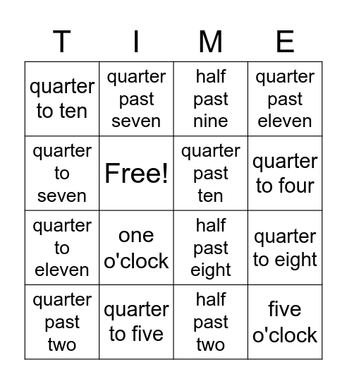 Quarter to and past time tangle Bingo Card