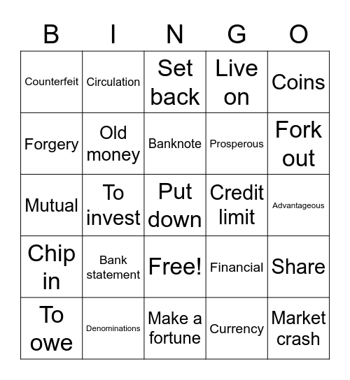 Unit 8 - Money Vocabulary Bingo Card