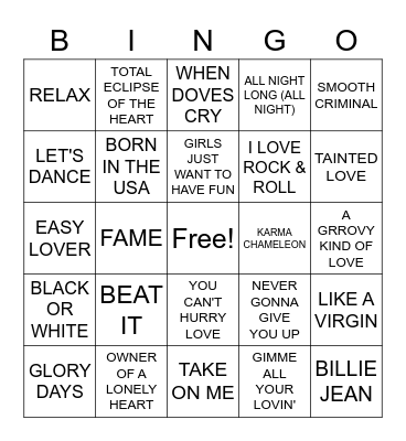 80'S HITS Bingo Card