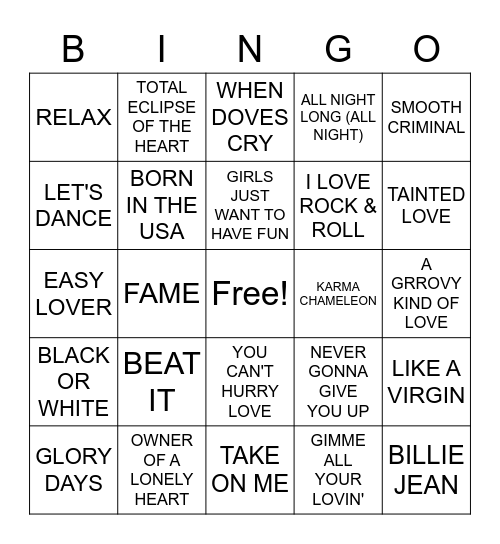 80'S HITS Bingo Card