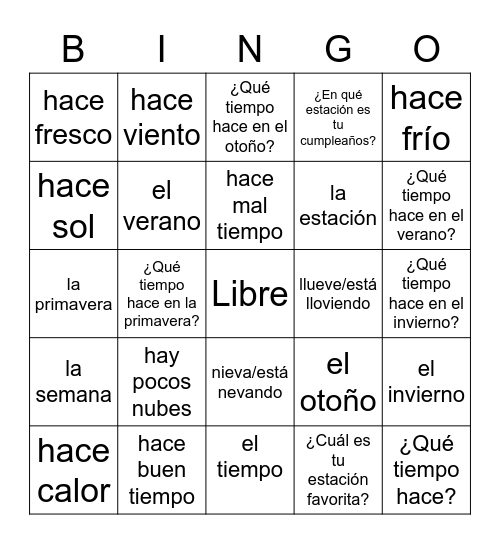 p3 El Tiempo y Las estaciones Bingo Card