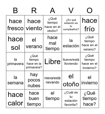 p8 El Tiempo y Las estaciones Bingo Card