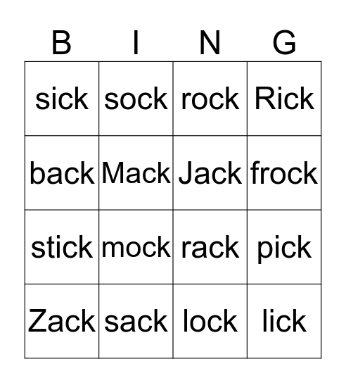 short vowels/ck Bingo Card