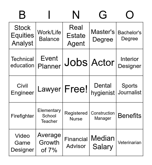 20 Jobs Activity Bingo Card
