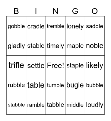 -le and -ly Bingo Card