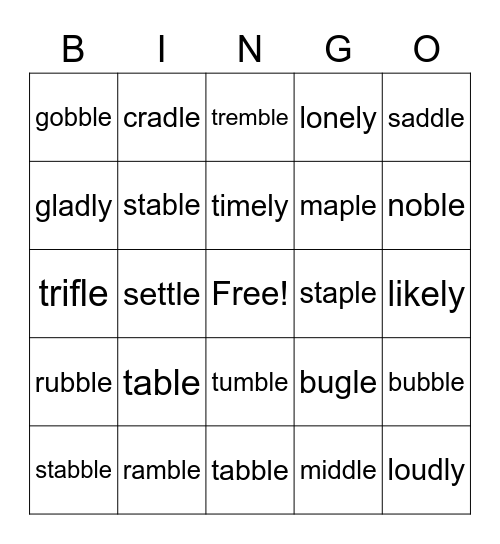 -le and -ly Bingo Card