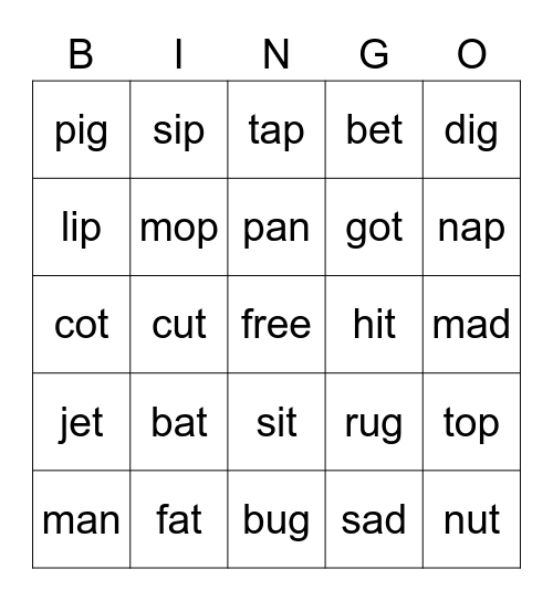 Word Families Bingo Card