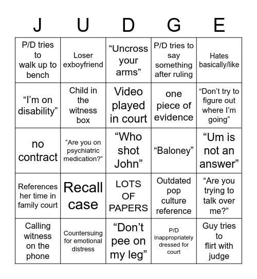 Judge Judy Bingo 2 Bingo Card