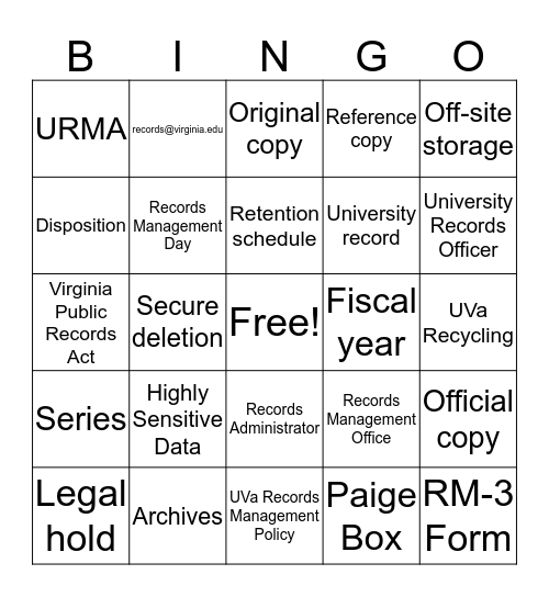 Records Management Bingo Card