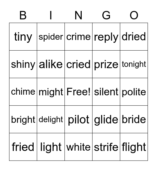 Sounds of long i Bingo Card