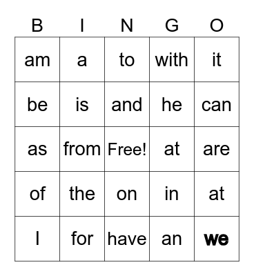 Sight Words Bingo Card