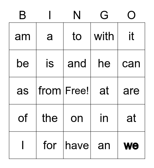Sight Words Bingo Card