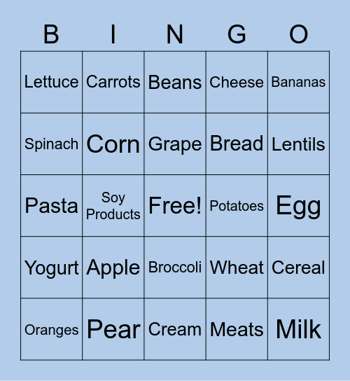 Healthy Eating Bingo Card