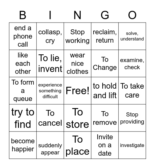 Phrasal Verbs Bingo Card