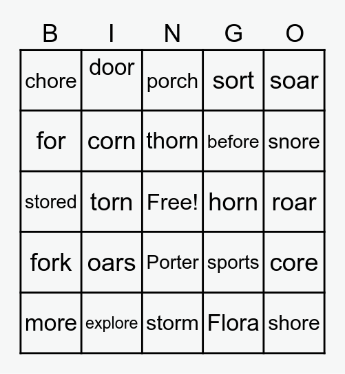 or, ore, oar, our Bingo Card