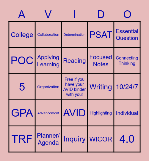 AVID 1 is #1! Bingo Card