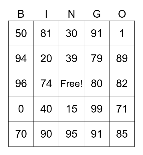 French Numbers Practice Bingo Card