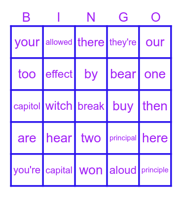 Homophone Bingo Card