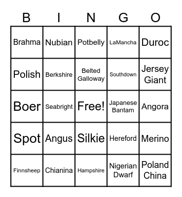 Animal Breed Bingo Card