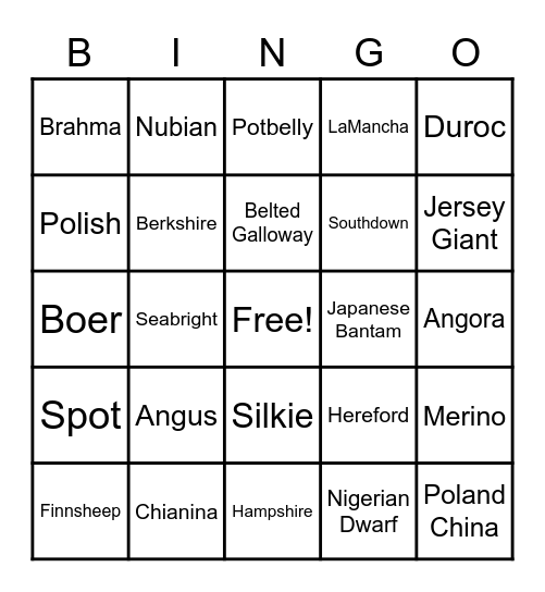 Animal Breed Bingo Card