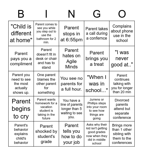 Parent/Teacher Conferences Bingo Card