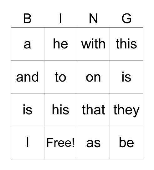 Fry's 20(ish) words Bingo Card