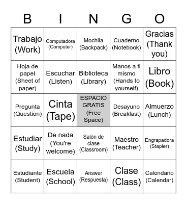 BINGO en Español y Inglés Bingo Card