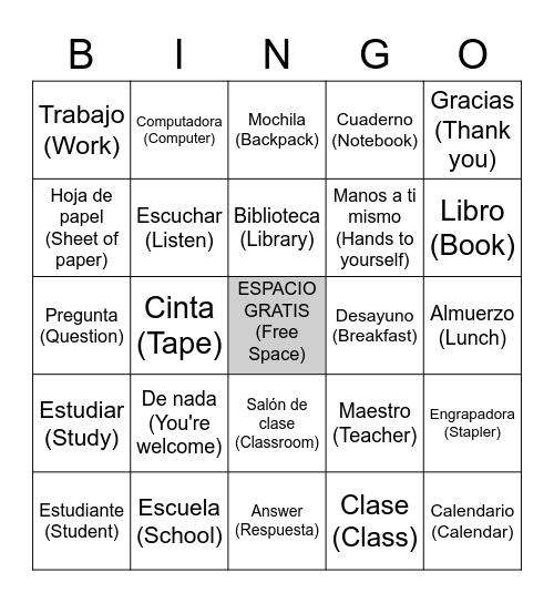 BINGO en Español y Inglés Bingo Card