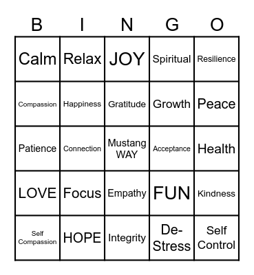 Mental Health Bingo Card