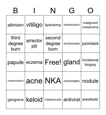 Integumentary System Bingo Card