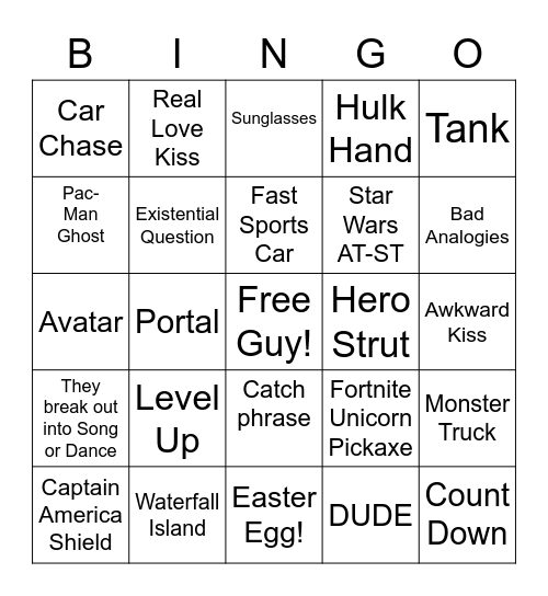 Free Guy Movie Bingo Card