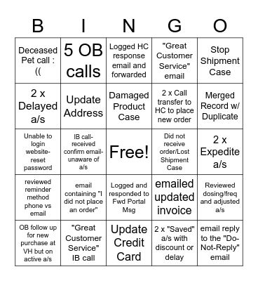 Customer Service Bingo Card