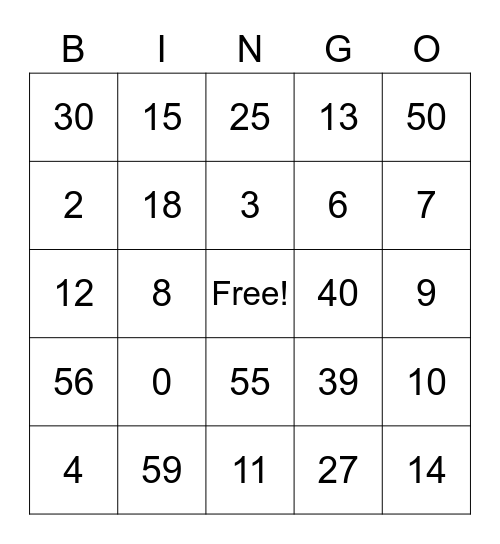 Números 0 -60 Bingo Card