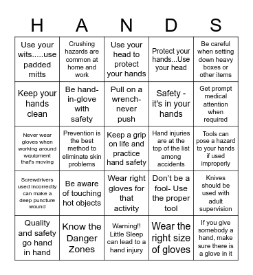 HAND SAFETY 2014 Bingo Card
