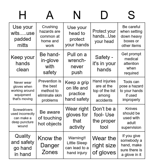 HAND SAFETY 2014 Bingo Card