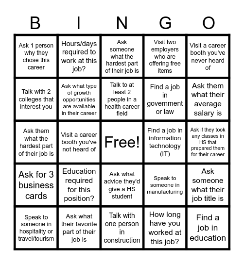 HIGH SCHOOL OPPORTUNITY FAIR Bingo Card