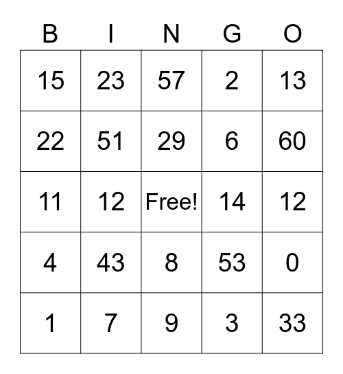 Números 0 -60 (v.2) Bingo Card