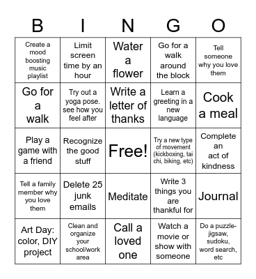 Mental Health Bingo Card