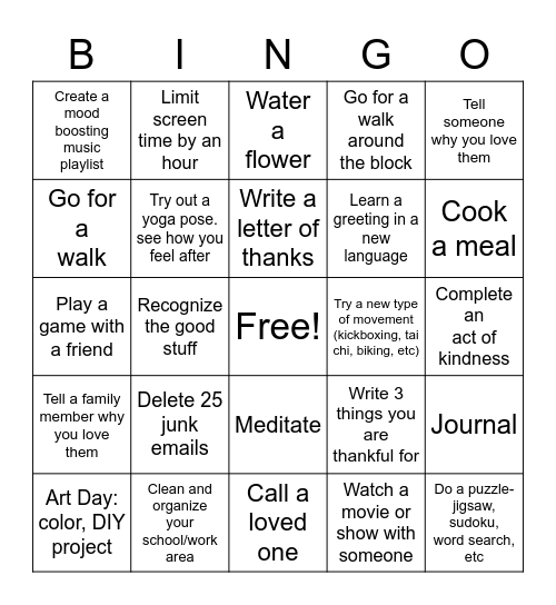 Mental Health Bingo Card