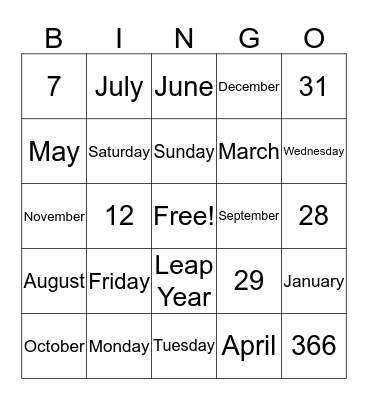 Calendar Bing Bingo Card