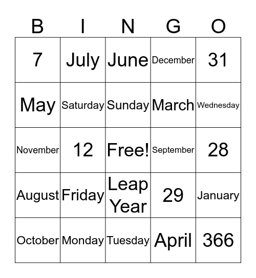 Calendar Bing Bingo Card