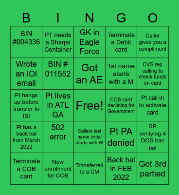 CIMZIA COPAY BINGO Card
