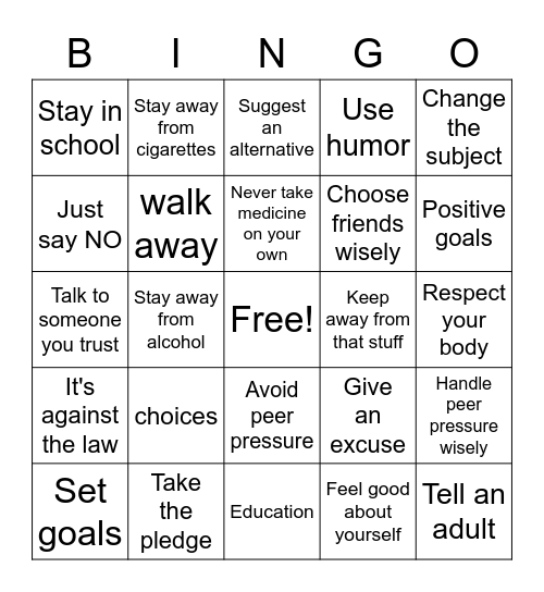 DRUG PREVENTION Bingo Card